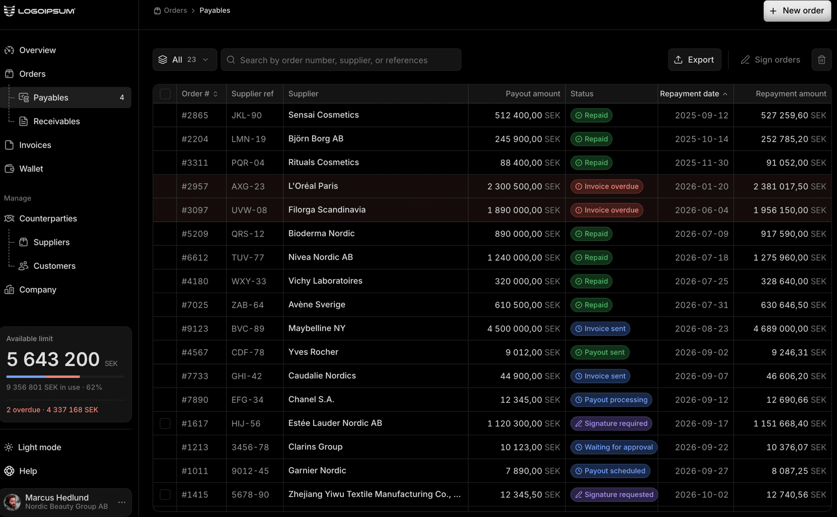 The payables surface in its dark theme.