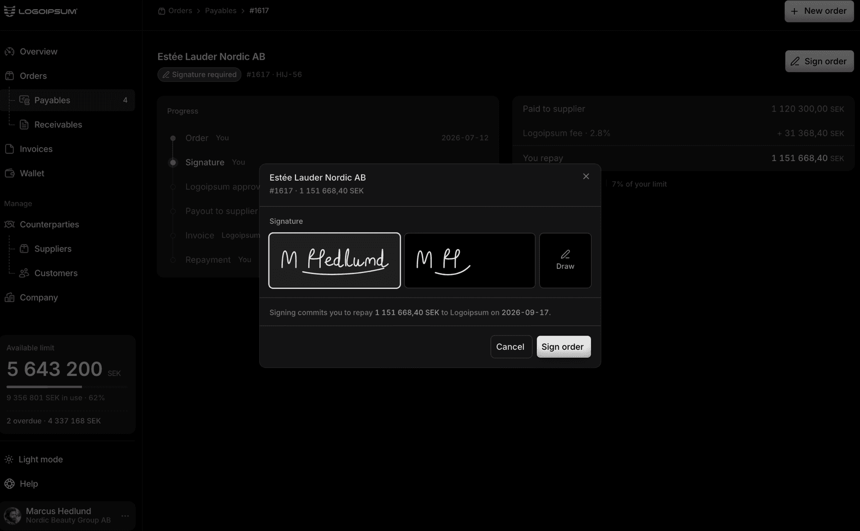 The signature dialog open over the order page, with the repayment amount and date stated in it.