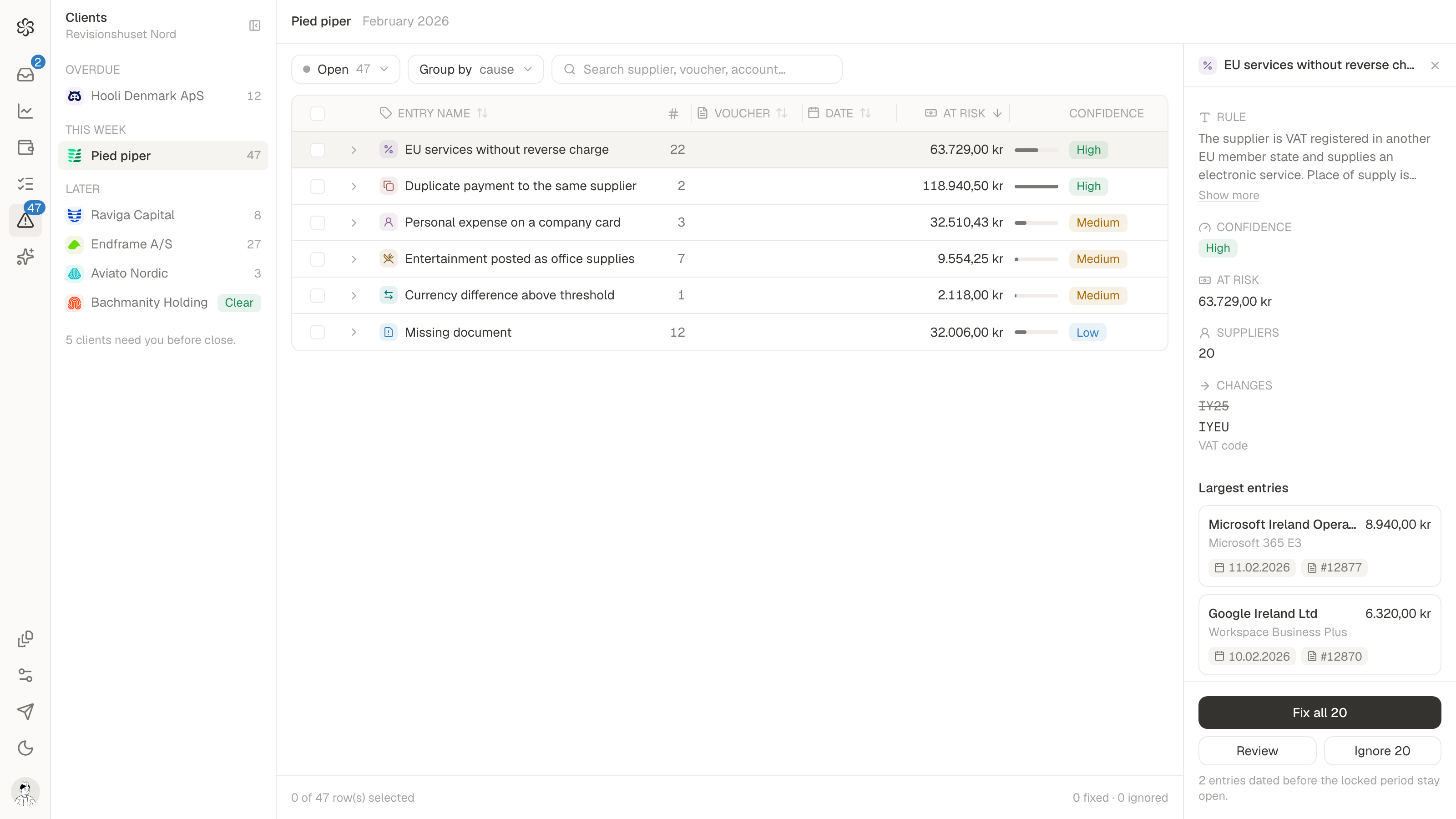 Detail of the review panel showing the rule, confidence, amount at risk and VAT code change.